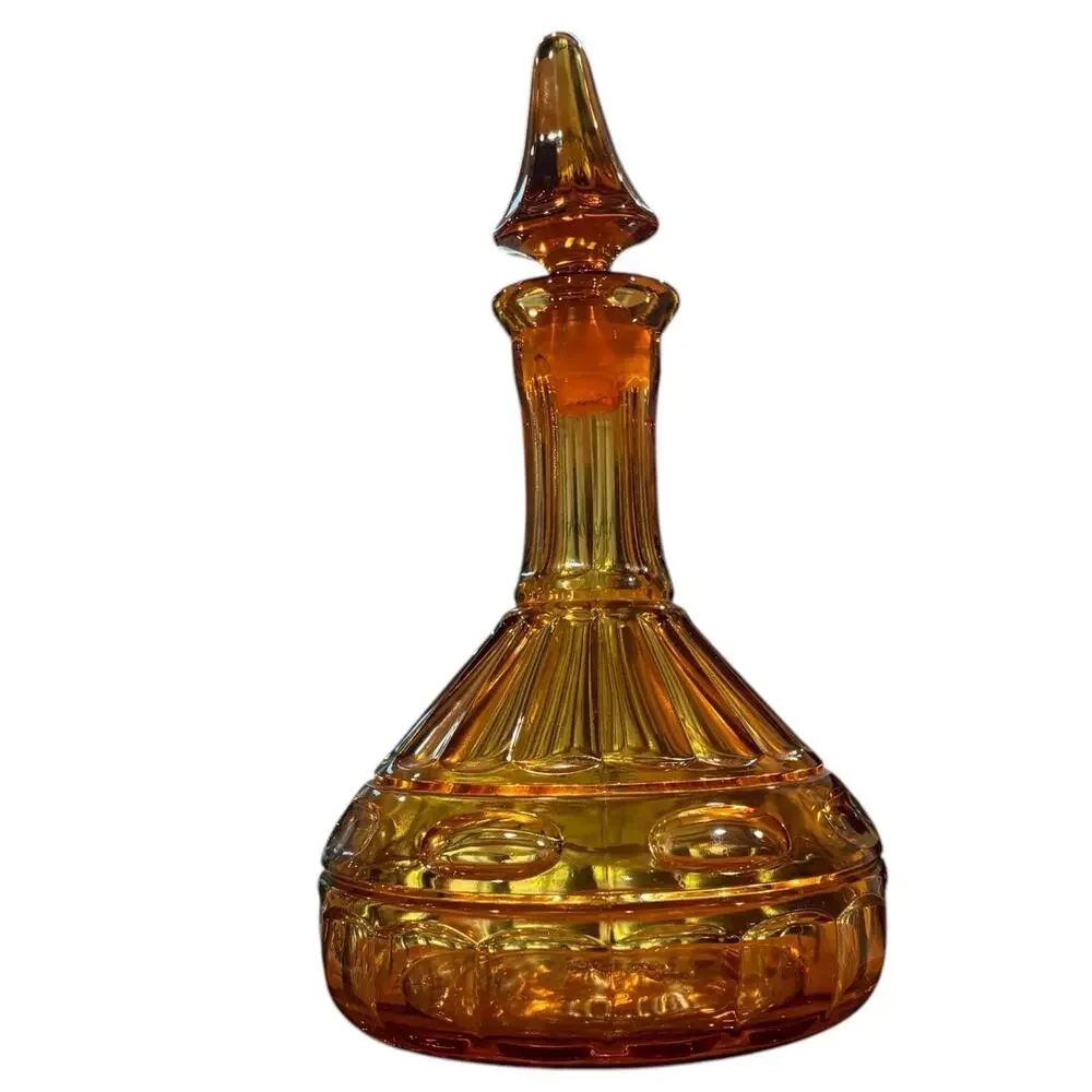 Vintage Empoli Italy Wide Panel Ribbed Glass Decanter & Stopper Amber*